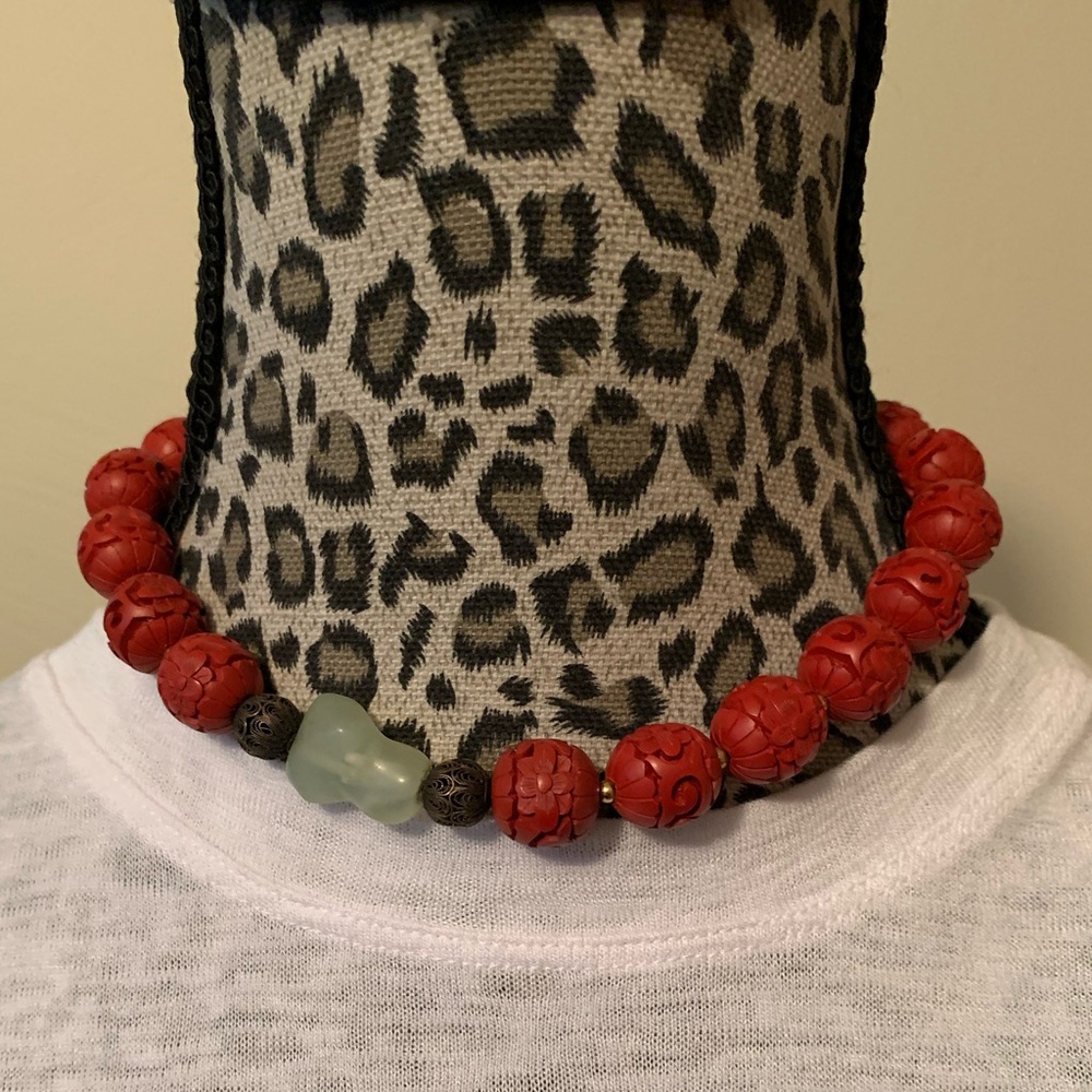 Vintage Carved Cinnabar & Jade Necklace